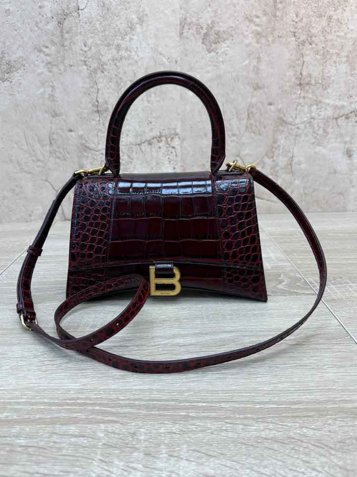 Balenciaga Burgundy Croc Embossed Small Hourglass Top Handle Bag
