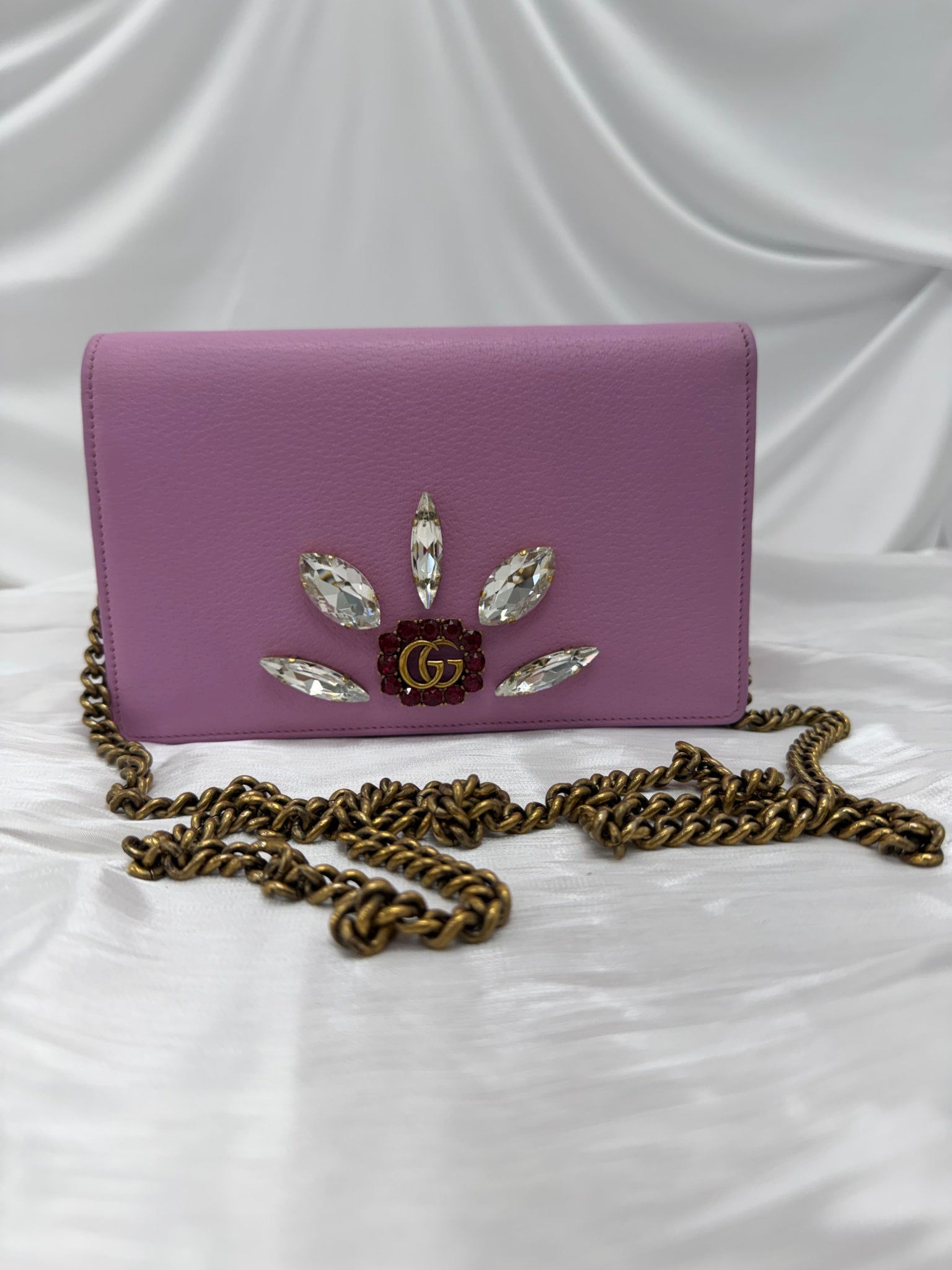 Gucci Pink Leather Marmont Marquise Crystal Wallet on a Chain