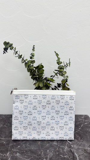 MCM White Visetos Canvas Clutch