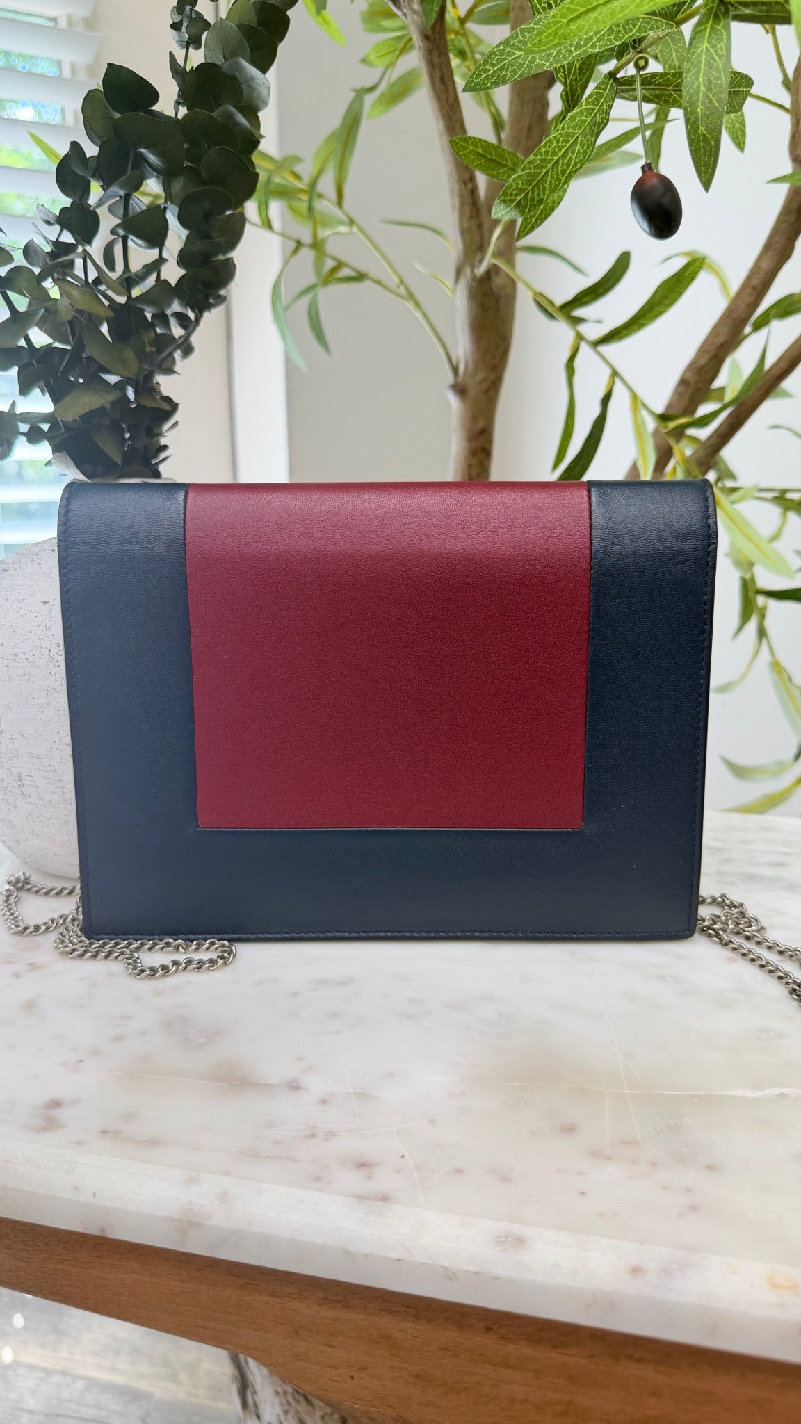 Celine Blue & Maroon Leather Evening Frame Clutch on a Chain