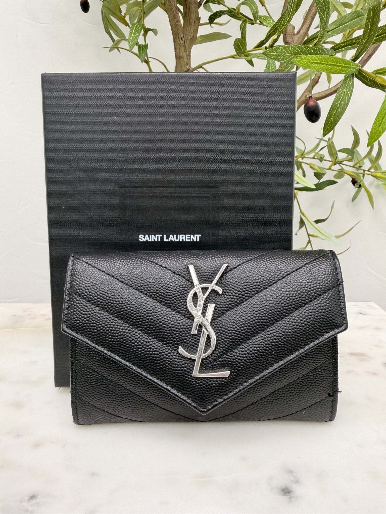 LIKE NEW - Saint Laurent YSL Black Grained Leather Cassandre Matelasse Small Envelope Wallet 