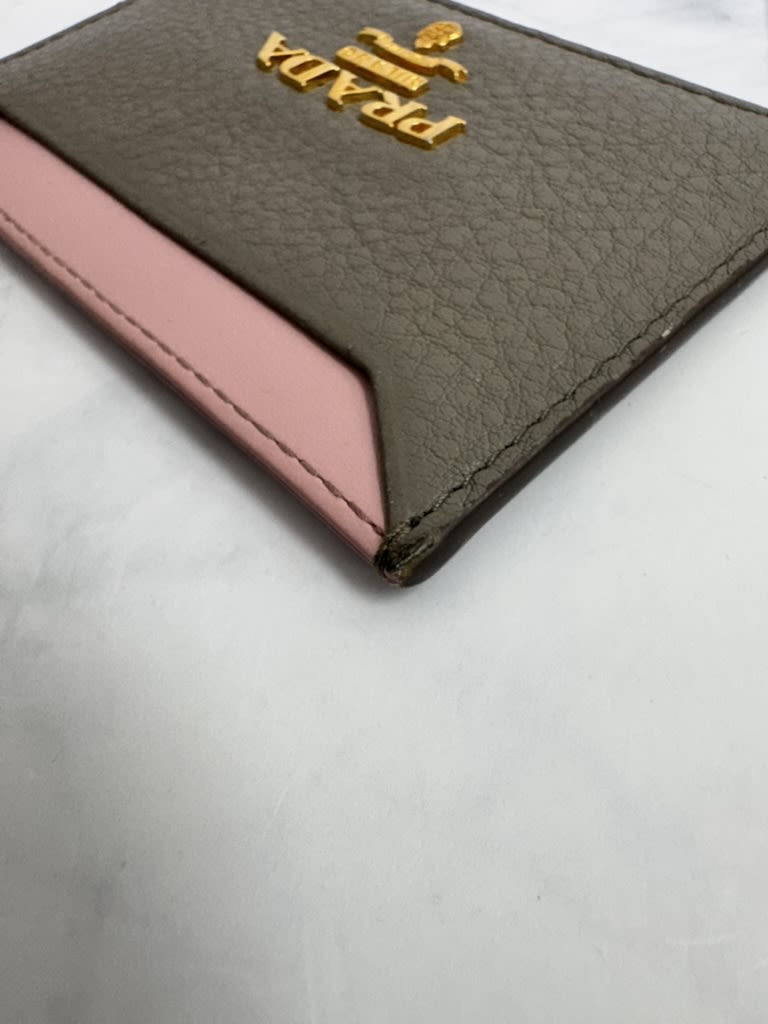 Prada Grey And Pink Grained Leather Card Holder