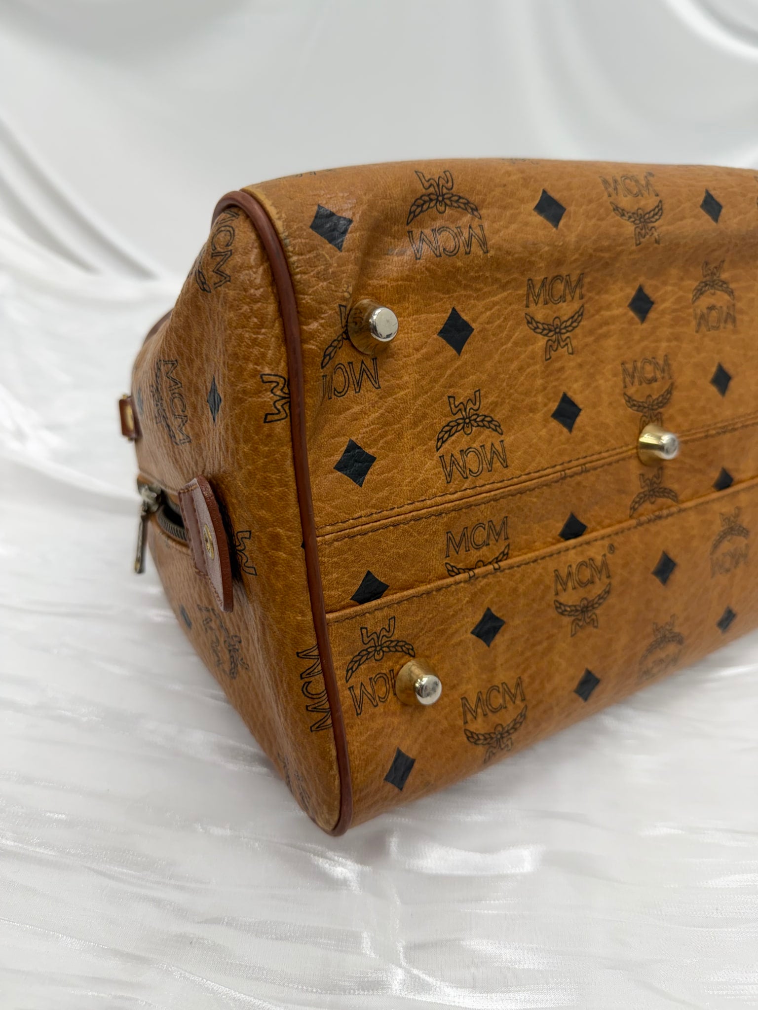 MCM Cognac Visetos Coated Canvas Small Heritage Boston Bag