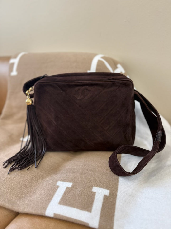 Chanel Dark Brown Suede Chevron CC Tassel Camera Bag