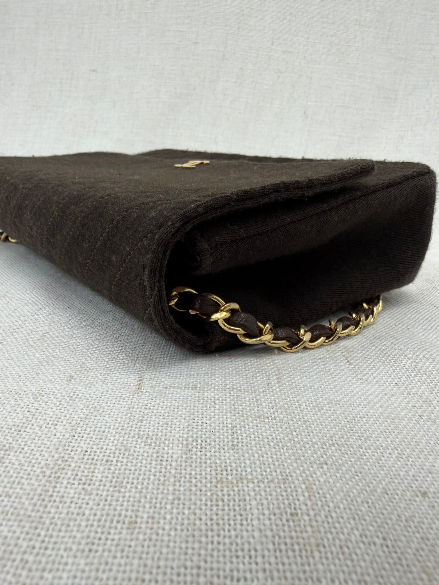 Chanel Chocolate Brown Diaginal Quilted Jersey Knit 24K Small Single Flap Bag