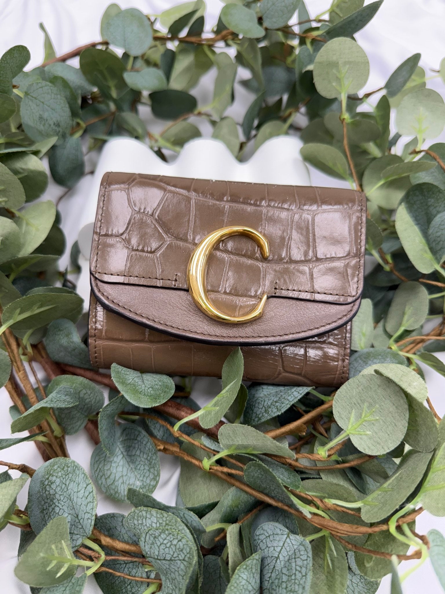 Chloe Taupe Croc Embossed C Trifold Compact Wallet