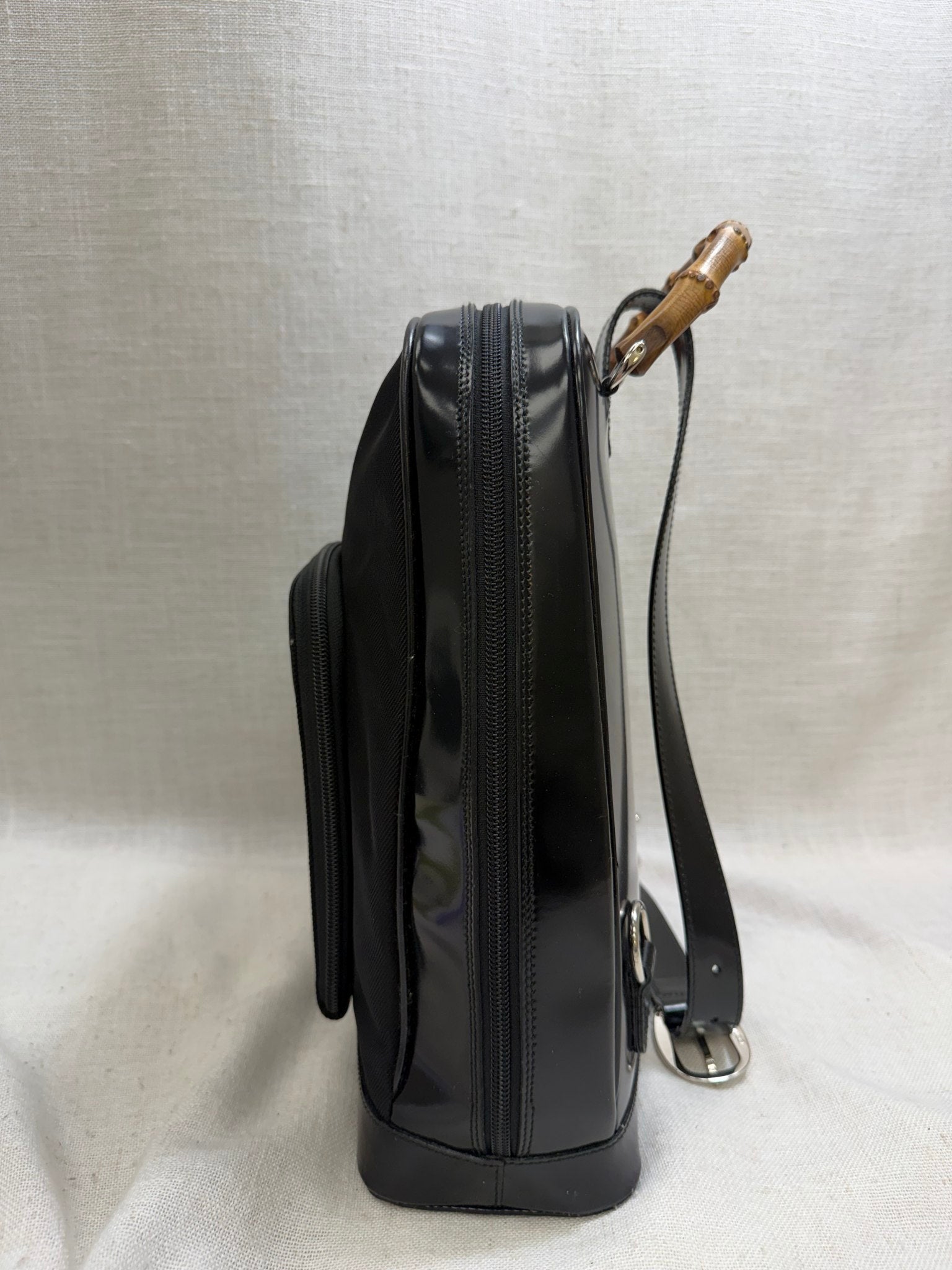 Gucci Black Nylon And Patent Leather Bamboo Sling Backpack