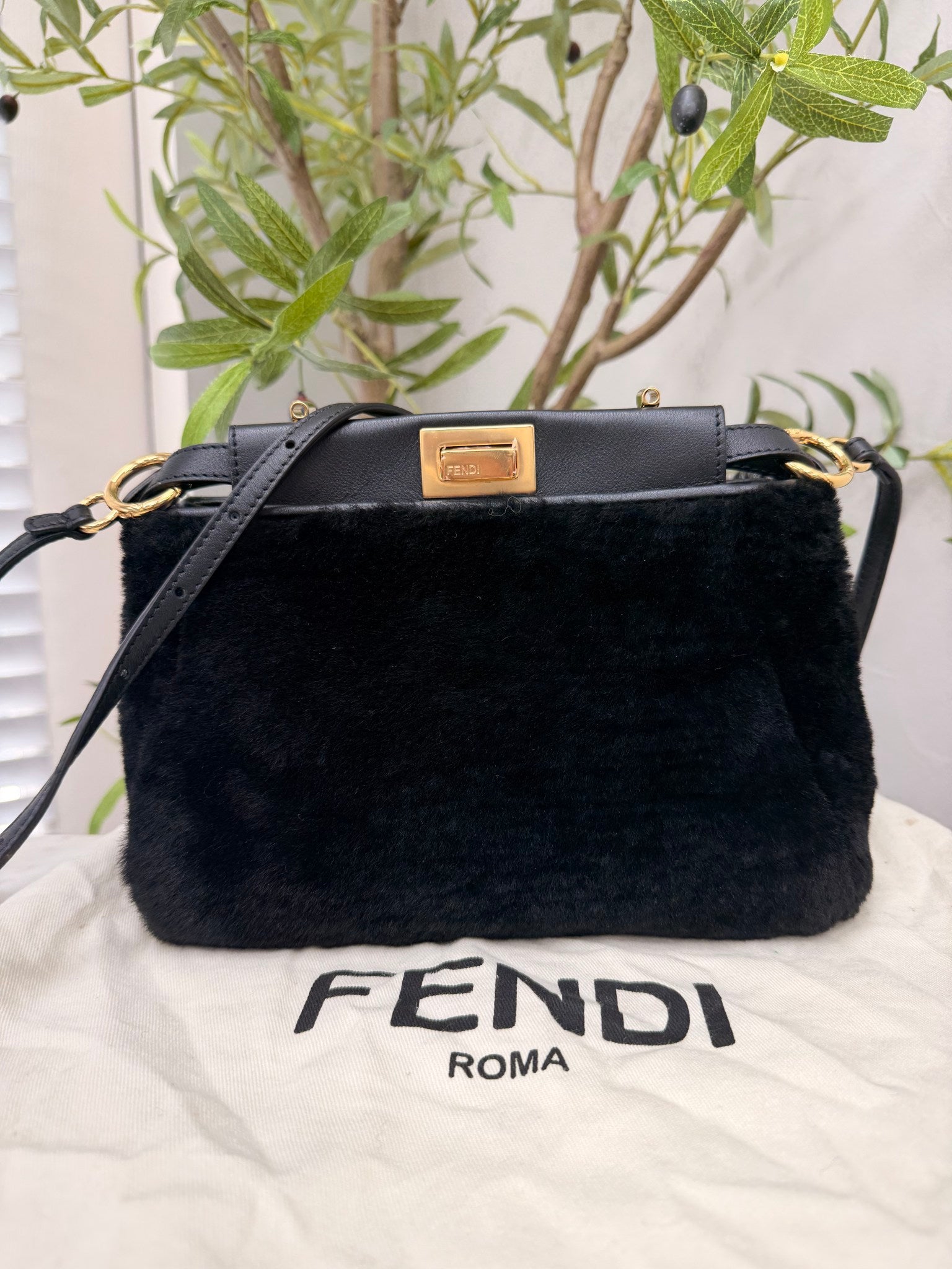 LIKE NEW - Fendi Black Shearling & Leather Petite Peek-A-Boo Bag 