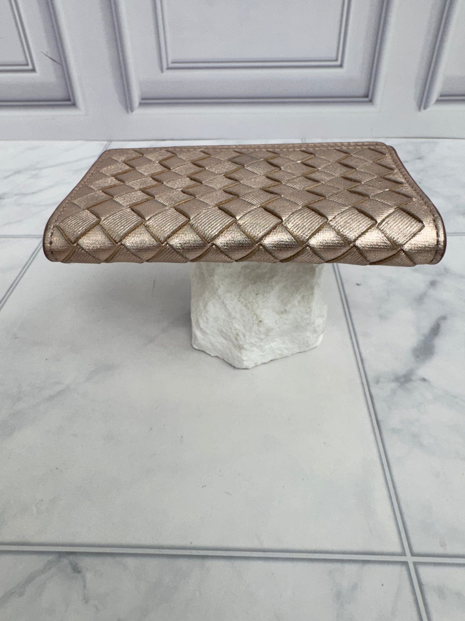 Bottega Veneta Metallic Pink Intrecciato Leather Card Case