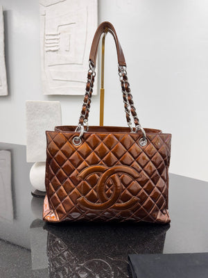 Chanel Bronze Quilted Patent Leather Grand Shopping Tote