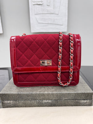 Chanel Red Quilted Jersey And Patent Leather 2.55 Reissue Flap Shoulder Bag