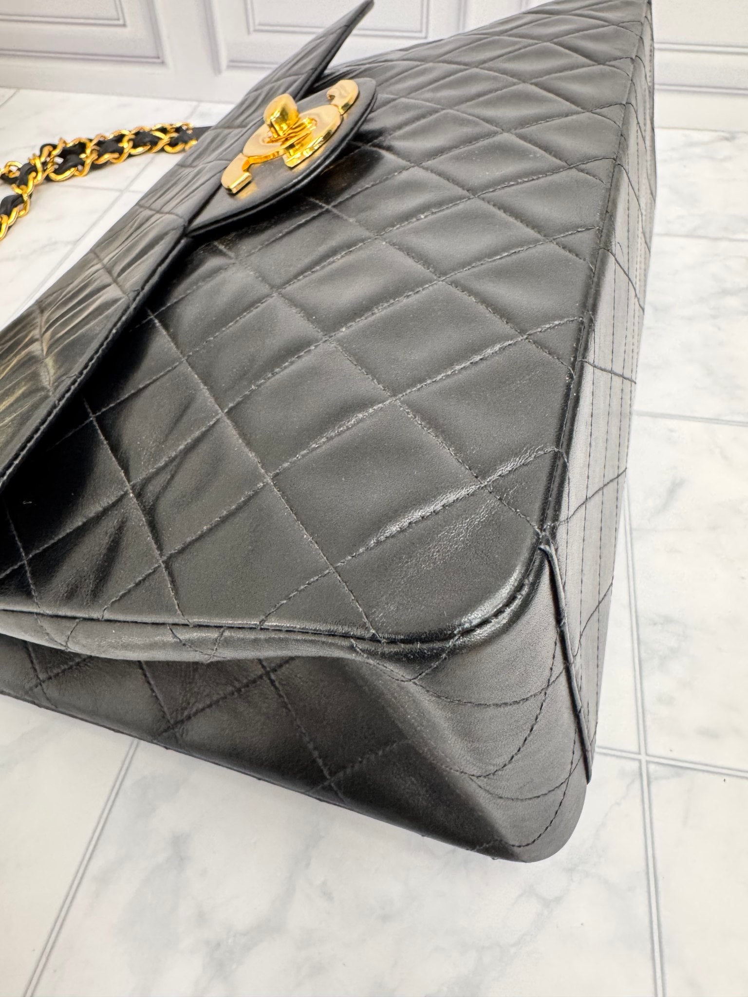 Chanel Vintage Black Quilted Calfskin Leather 24k Jumbo Classic Flap Bag