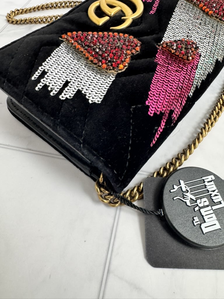 Gucci Marmont Black Chevron Quilted Velvet Embellished Hearts Wallet On A Chain