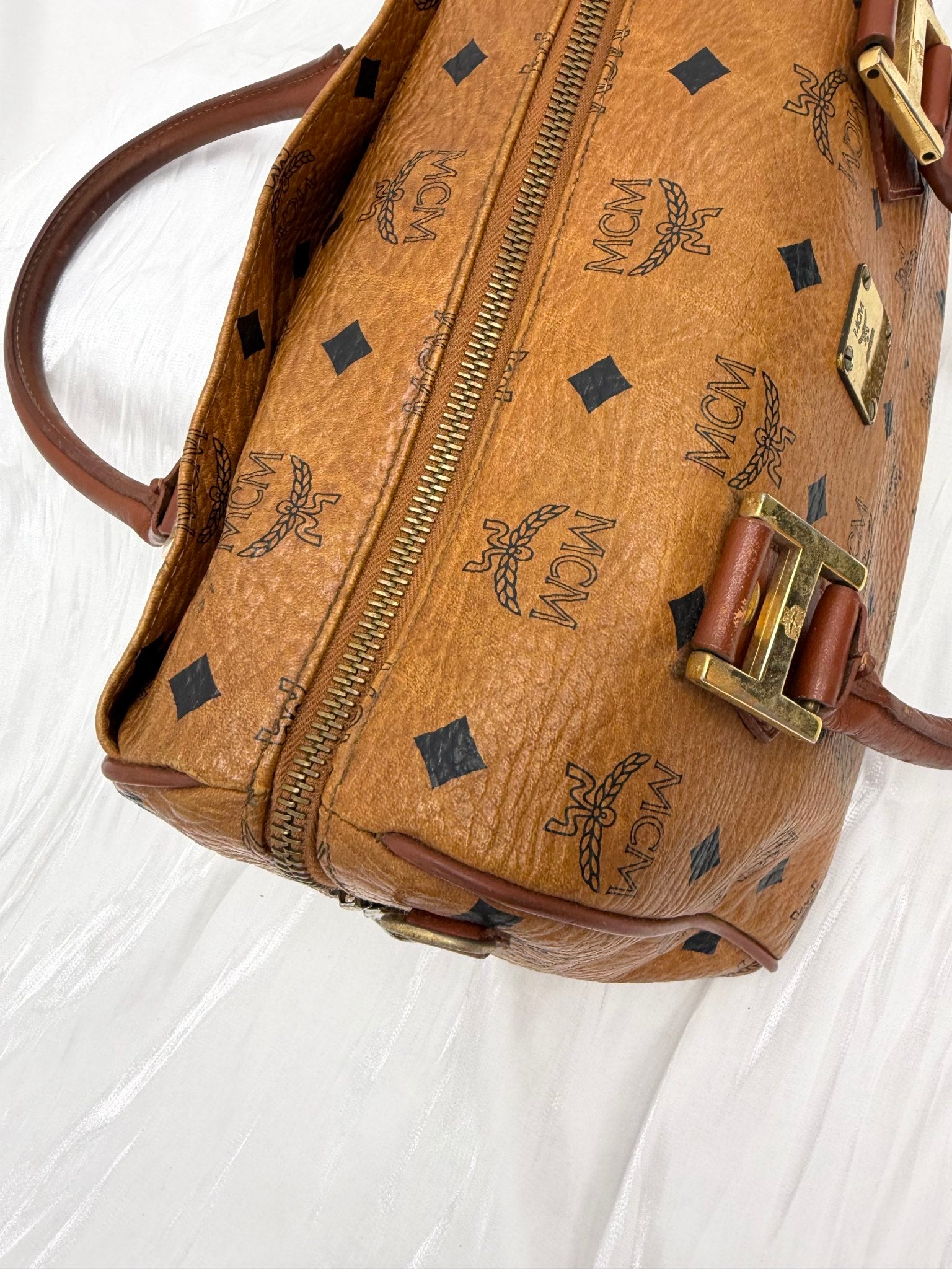 MCM Cognac Visetos Coated Canvas Small Heritage Boston Bag