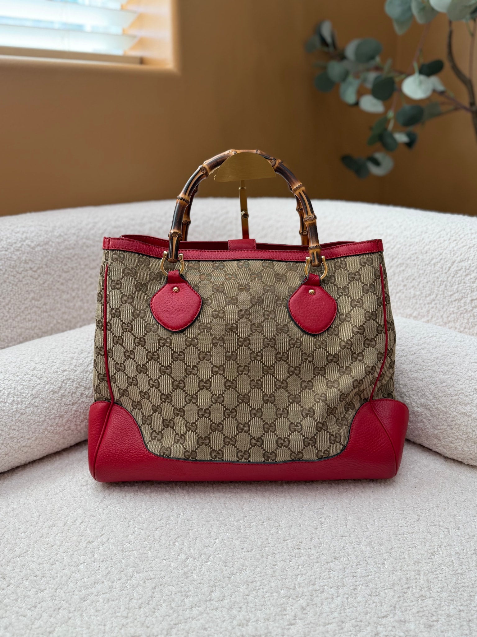 Gucci Beige Canvas & Red Leather Bamboo Top Handle Bag