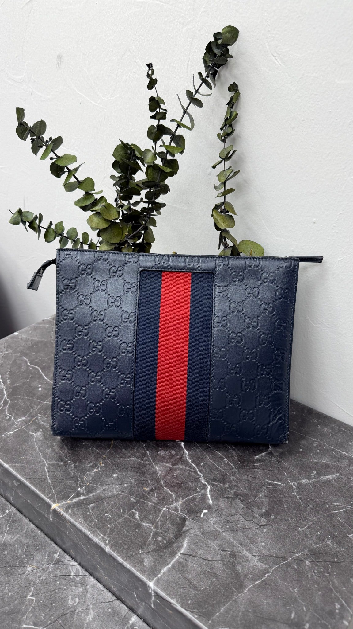 Gucci Navy Blue Guccissima Leather Web Pouch