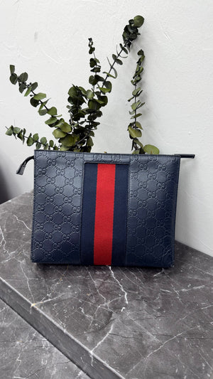 Gucci Navy Blue Guccissima Leather Web Pouch