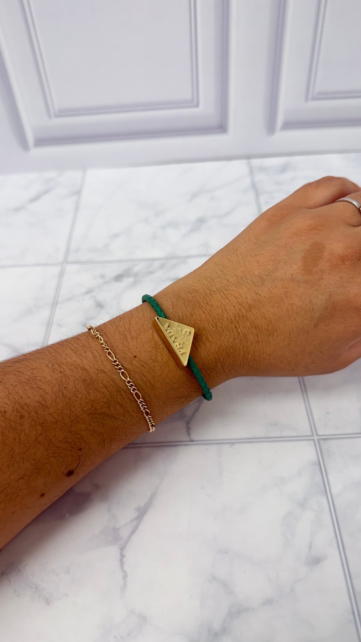 LIKE NEW - Prada Green Braided Nappa Leather Triangolo Bracelet 