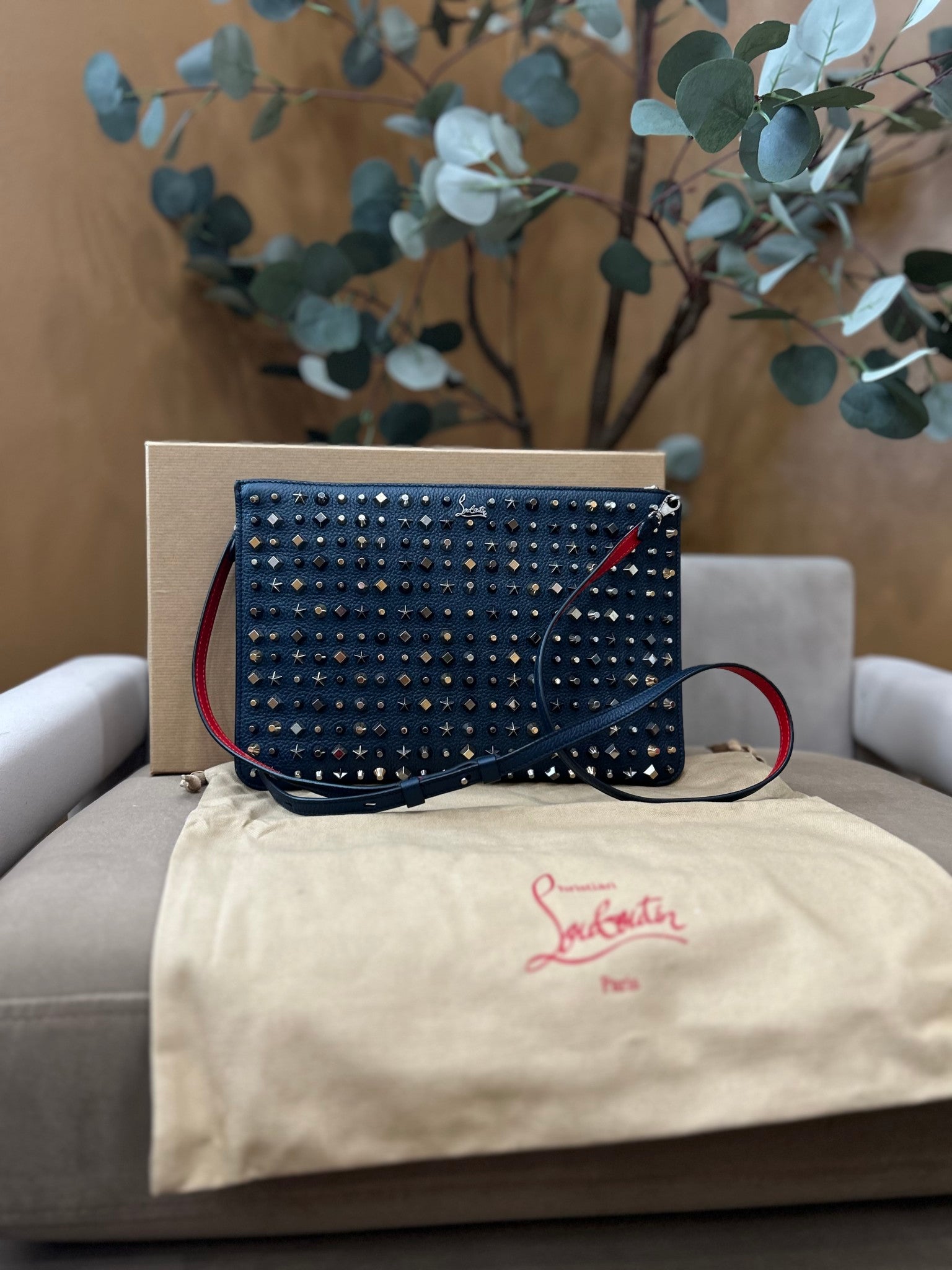 Christian Louboutin Navy Leather Studded Shoulder Bag