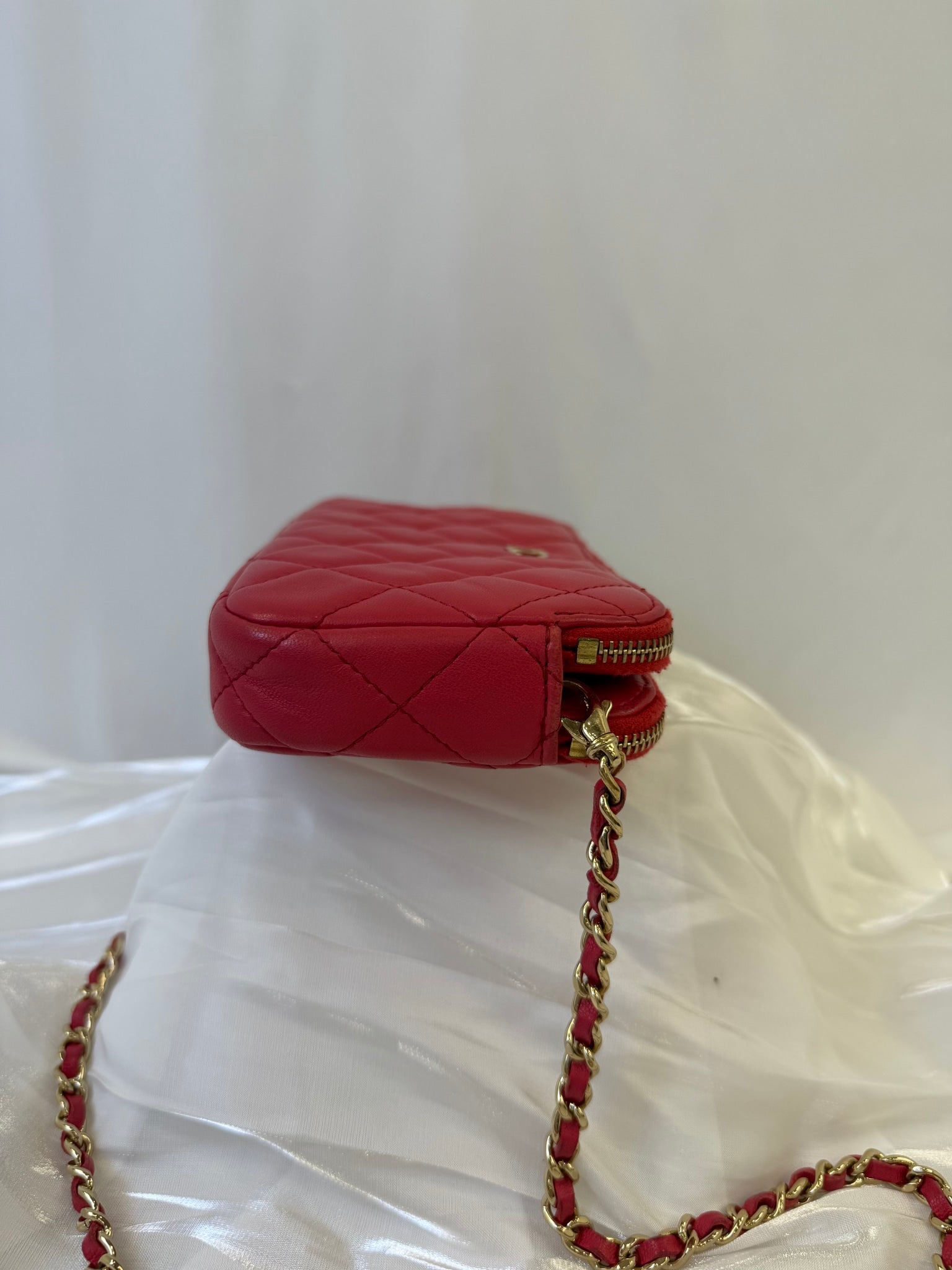 Chanel Red Lambskin Double Zippy Wallet On Chain