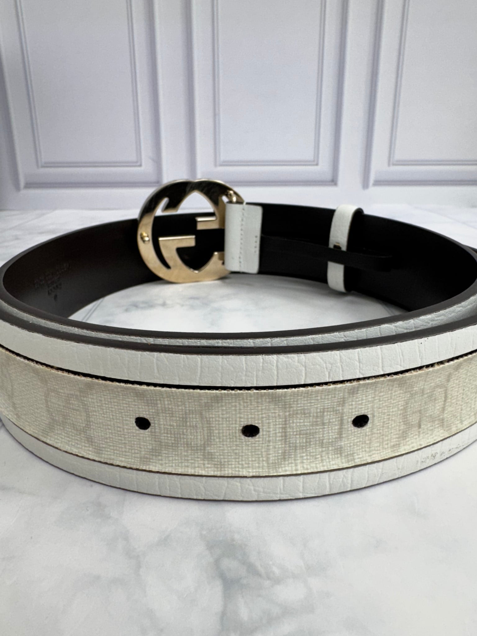 Gucci White GG Supreme & Leather Interlocking G Belt Size 90/36