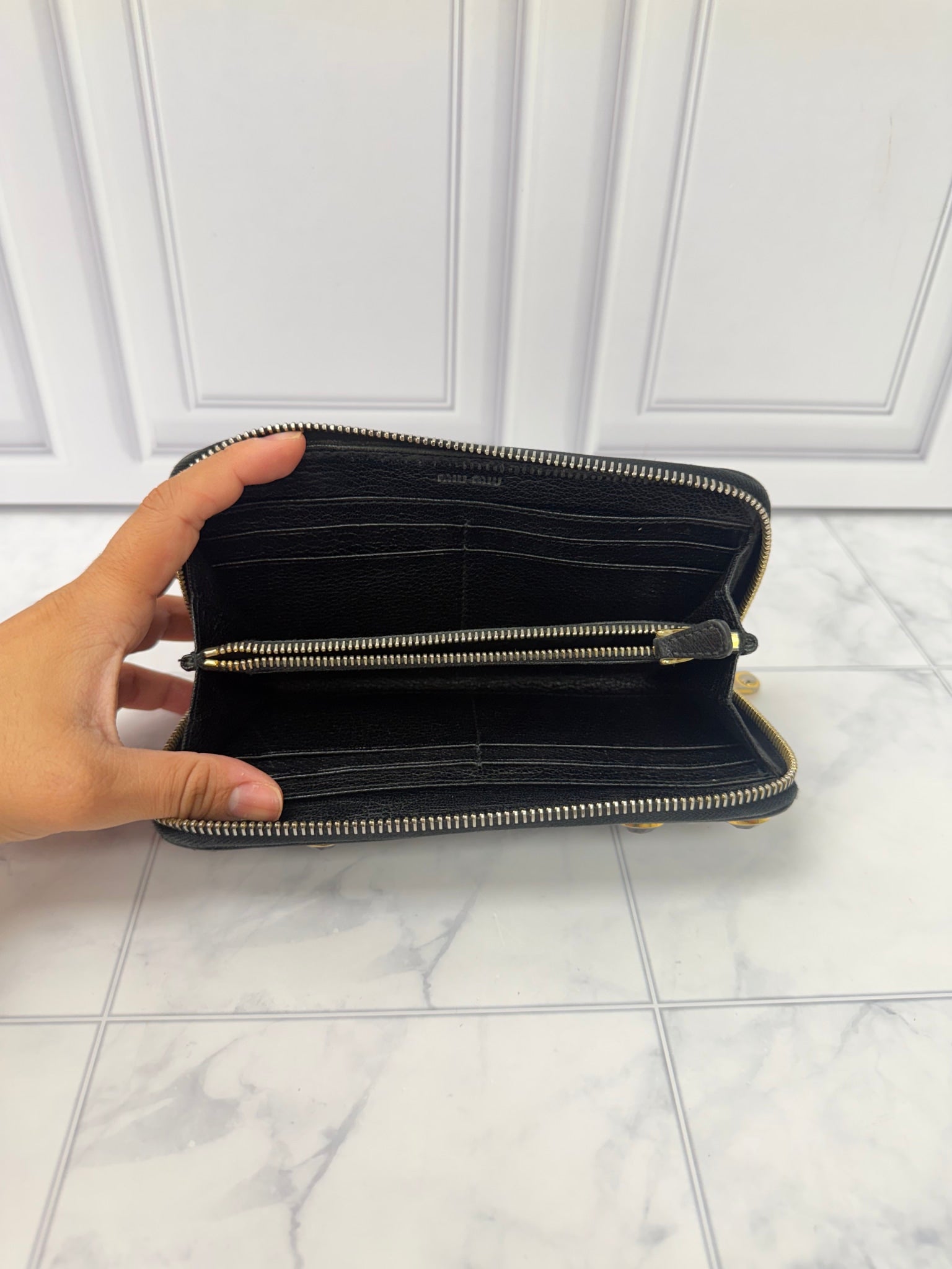 Miu Miu Black Leather Crystal Studded Zippy Wallet 
