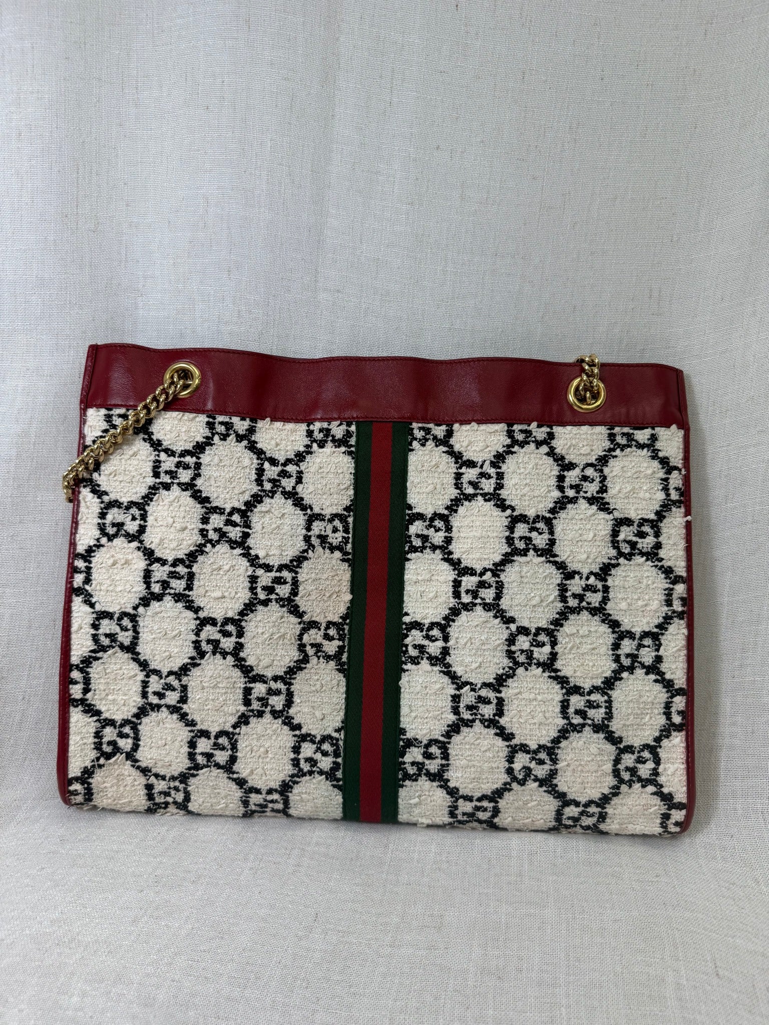 Gucci White Tweed And Red Leather Trim GG Rajah Tote
