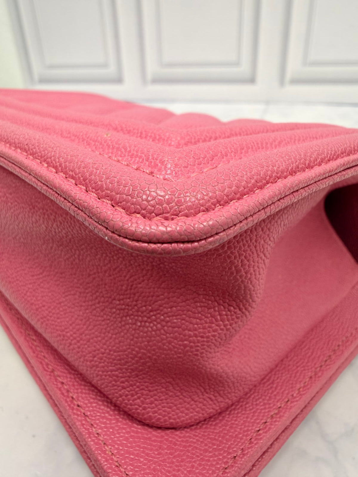 Chanel Pink Chevron Quilted Caviar Leather Boy Flap Bag