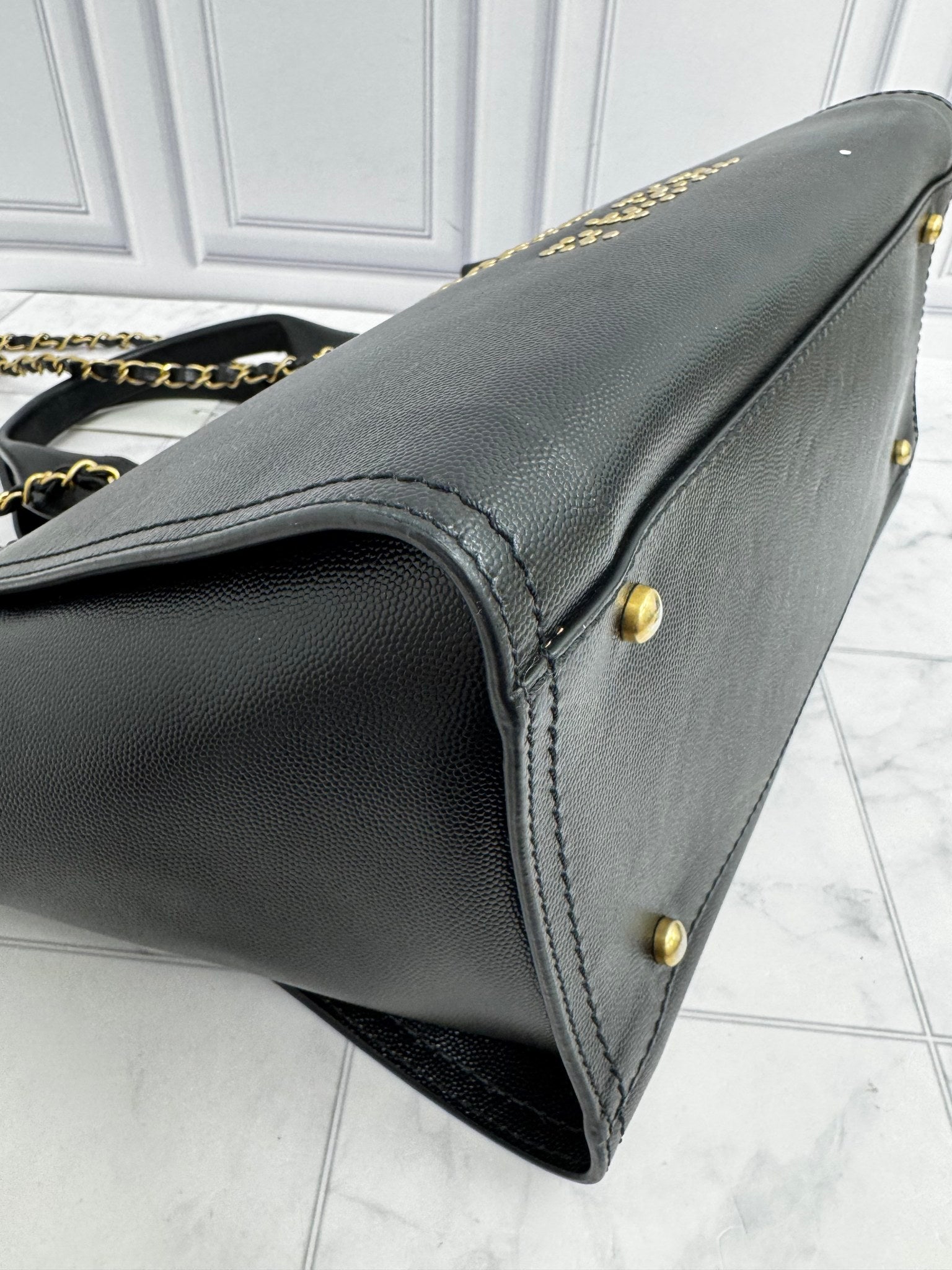 Chanel Black Caviar Leather Deauville Studded Small Tote Bag