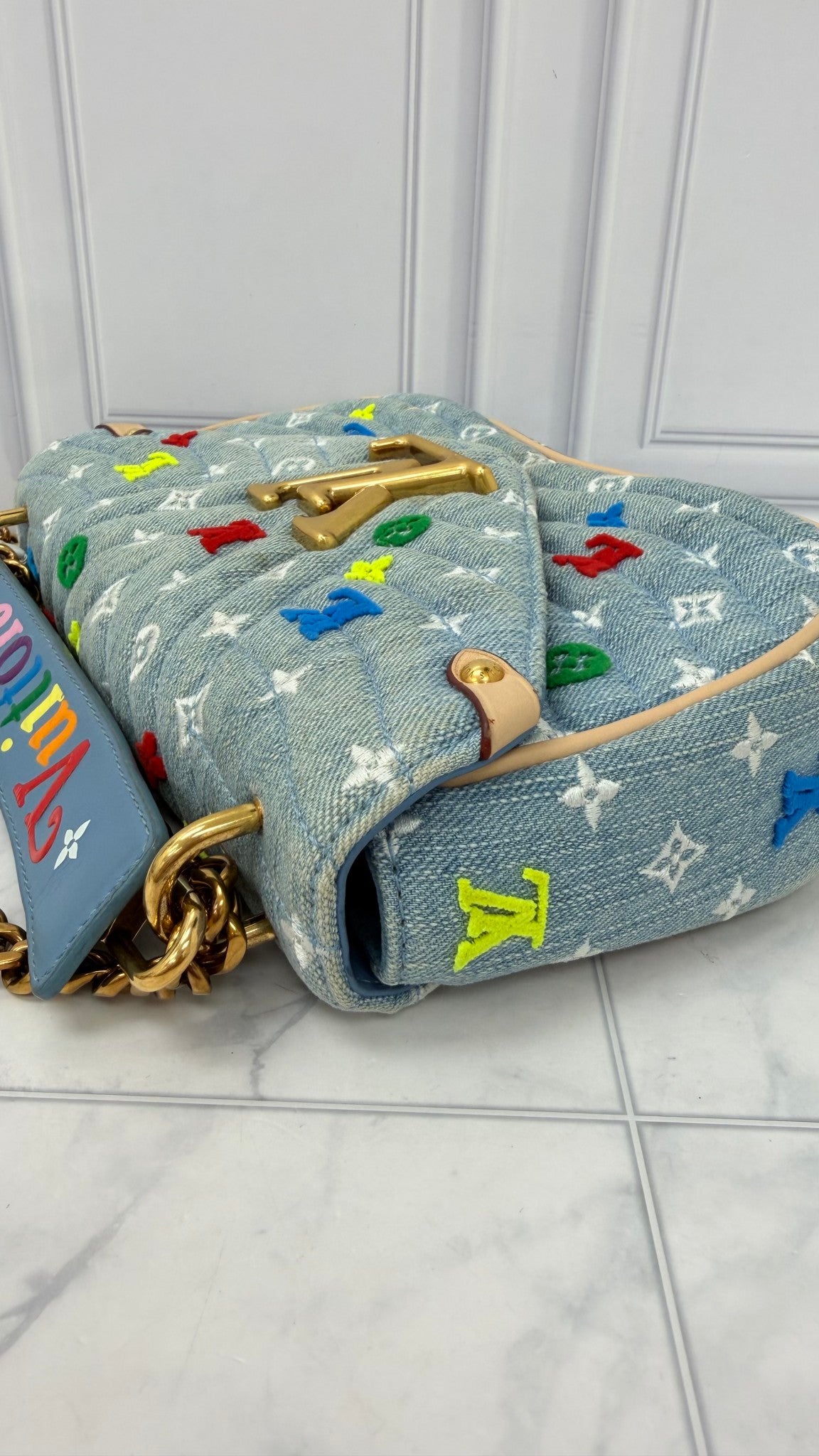 Louis Vuitton Denim Monogram Embroidered New Wave Chain Shoulder Bag 