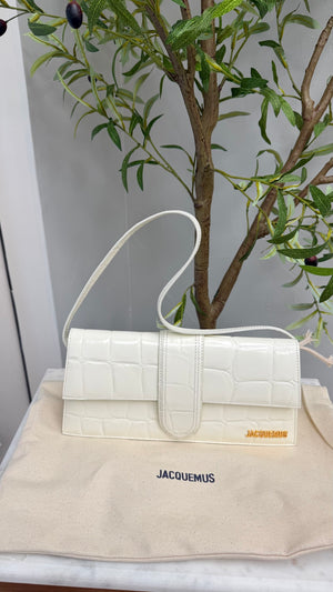 BRAND NEW - Jacquemus White Croc Embossed Leather Le Bambino Long Shoulder Bag