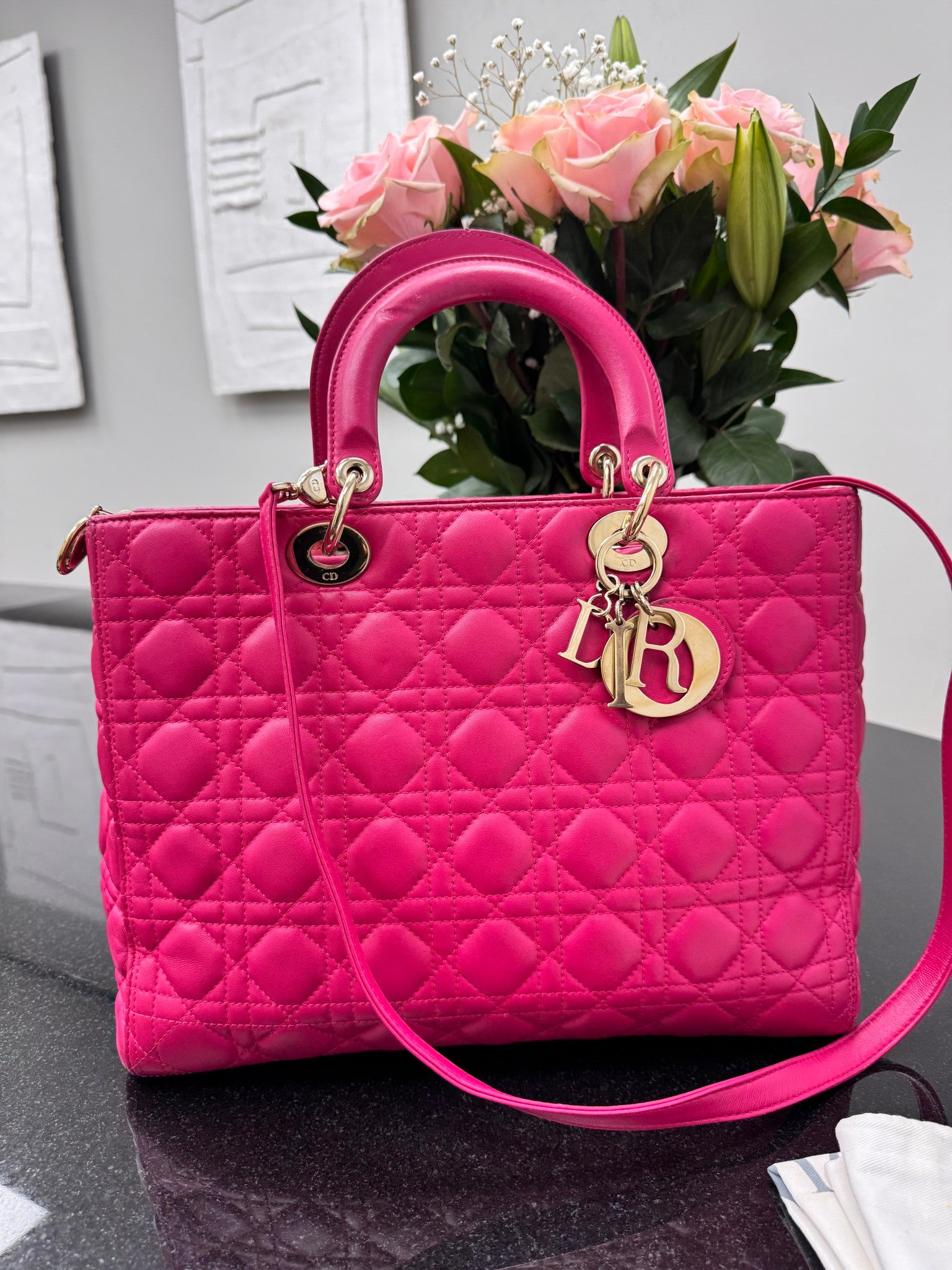 Christian Dior Hot Pink Quilted Large Lady Dior Bag