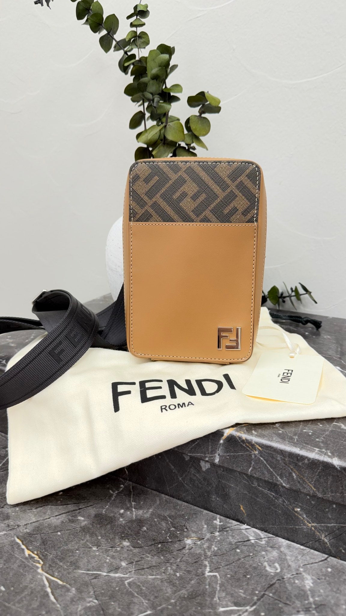 BRAND NEW-  Fendi Brown Zucca Coated Canvas & Leather Phone Sling Bag