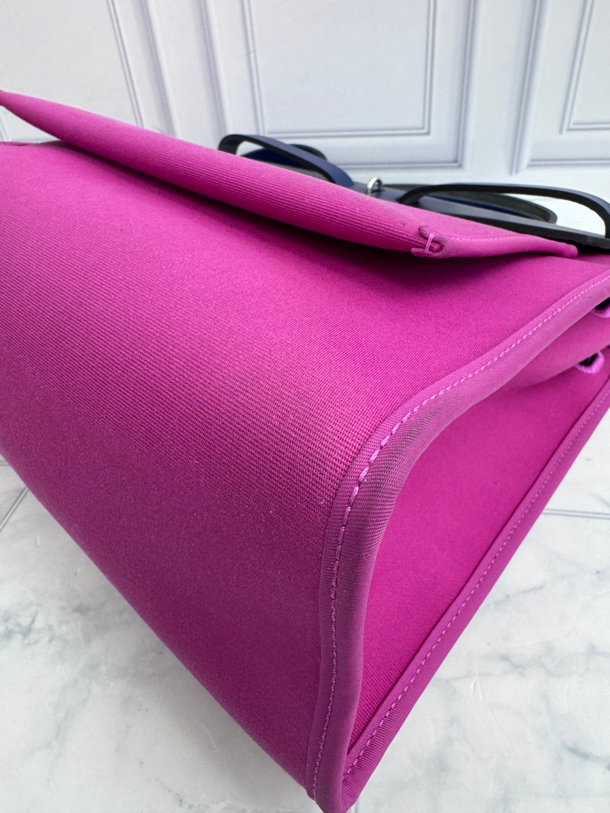 Hermes Magnolia Pink Toile Canvas & Sapphire Blue Vache Hunter Leather Zip Herbag 31