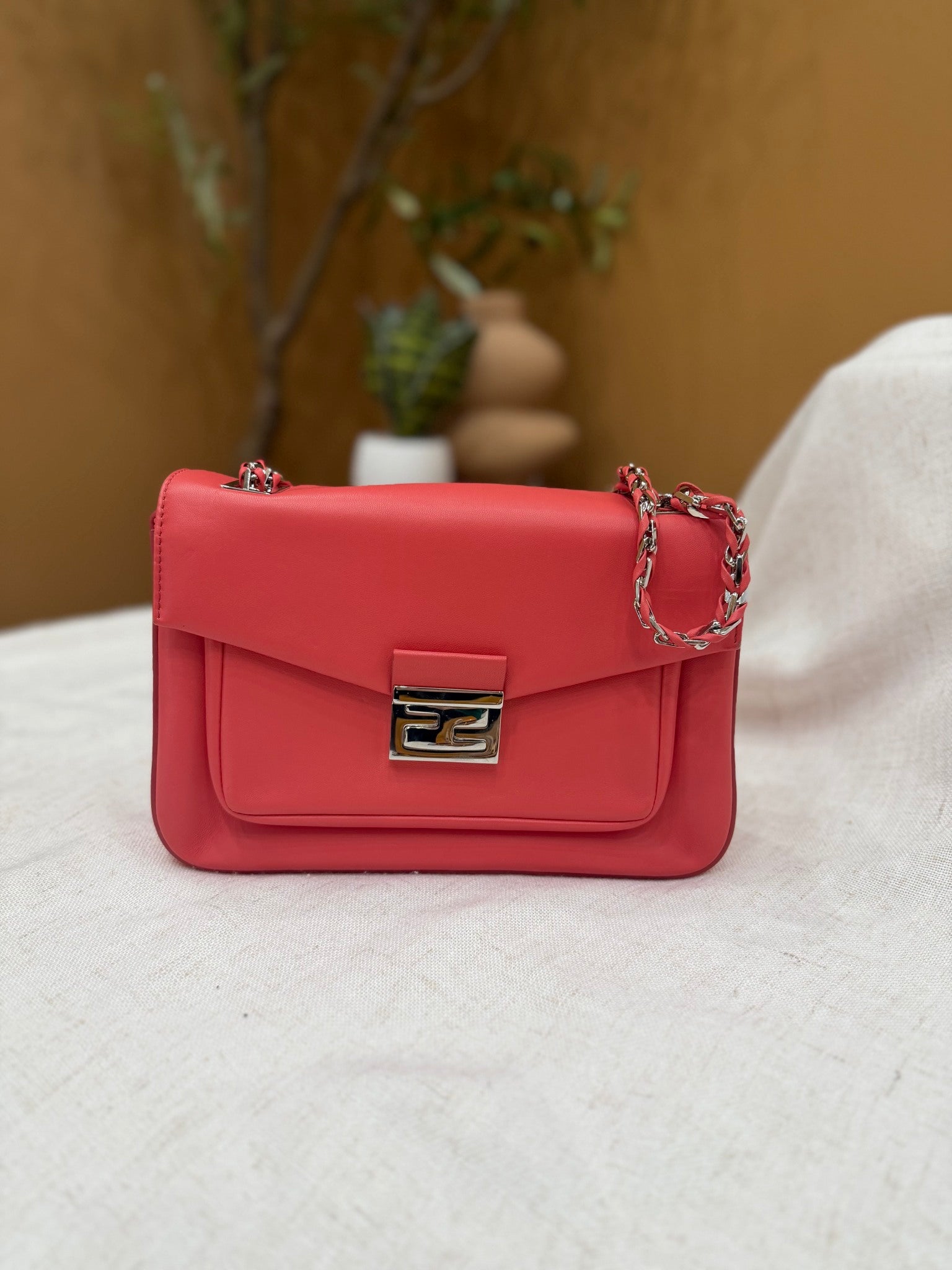 Fendi Coral Pink Leather Be Baguette Flap Bag