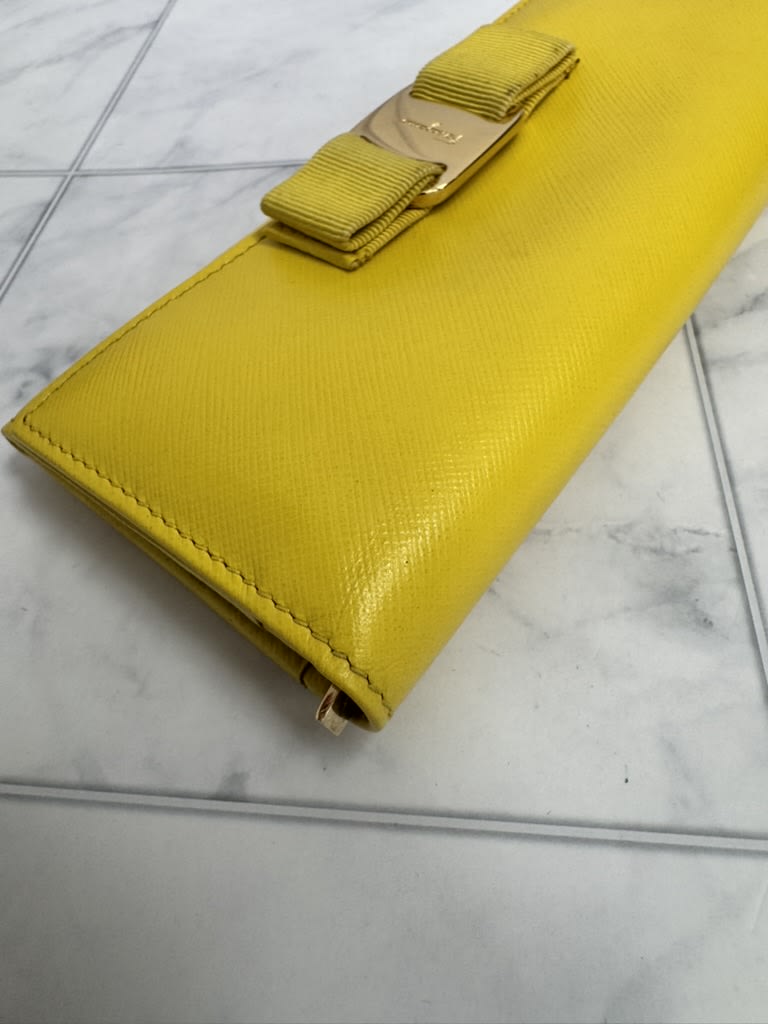 Salvatore Ferragamo Yellow Saffiano Leather Vara Bow Long Wallet