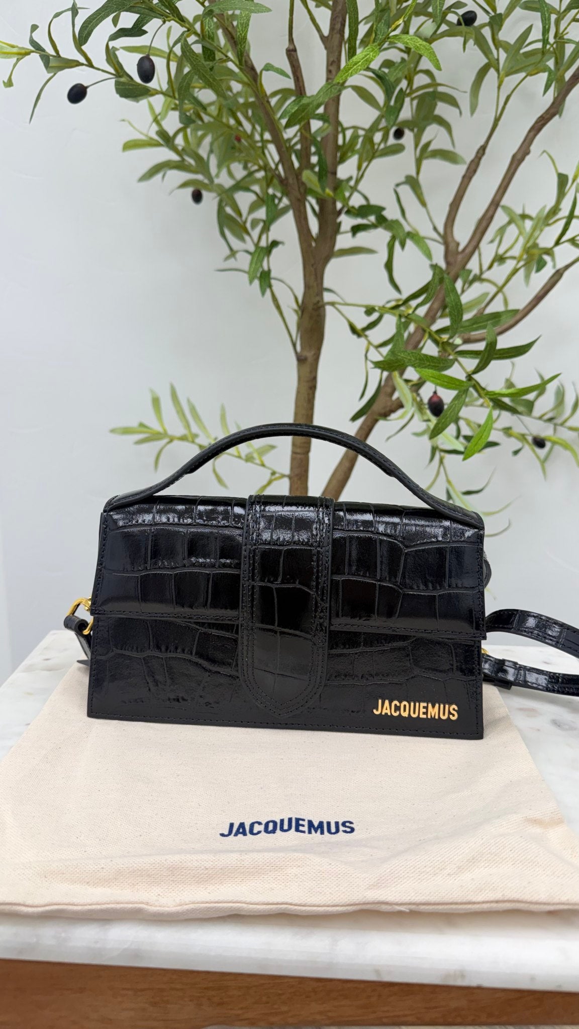 BRAND NEW - Jacquemus Black Croc Embossed Leather Le Grand Bambino 2Way Handbag 