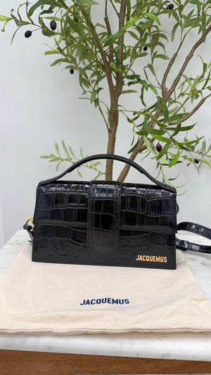 BRAND NEW - Jacquemus Black Croc Embossed Leather Le Grand Bambino 2Way Handbag