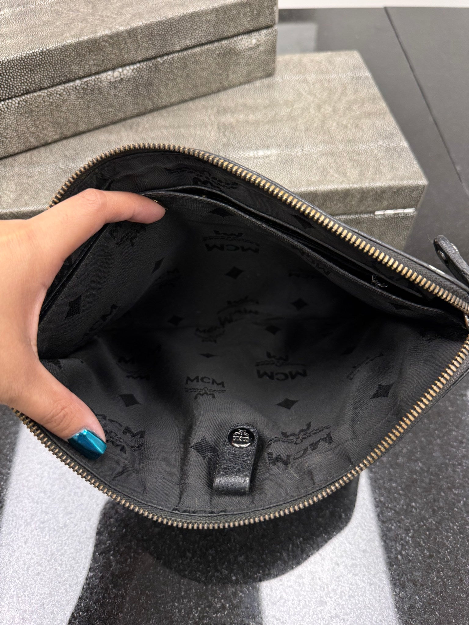 MCM Black Visetos Coated Canvas Studded Wristlet