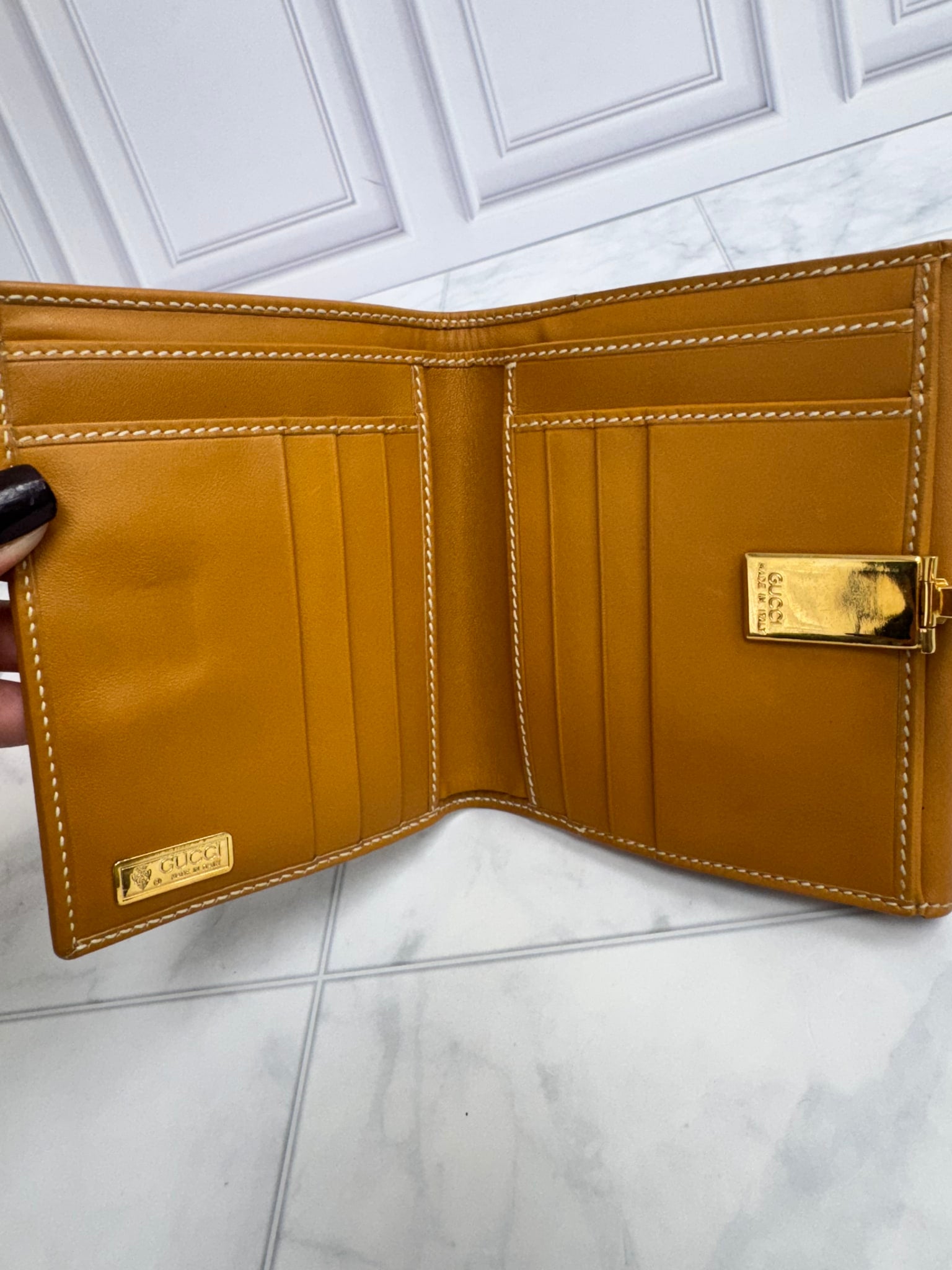 LIKE NEW - Gucci Brown And Tan Micro GG Supreme Coated Canvas Vintage Flip Lock Compact Wallet