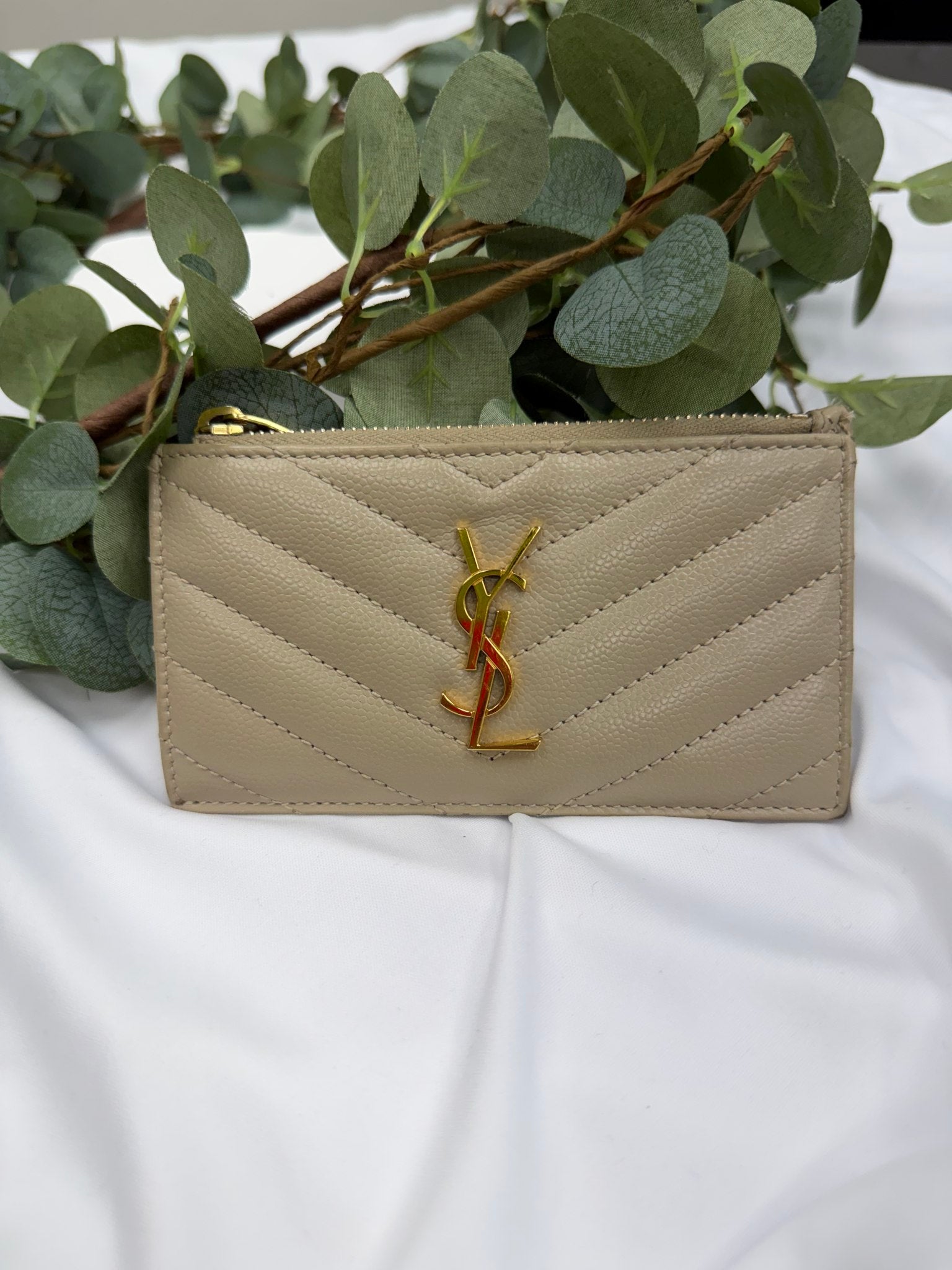 Saint Laurent YSL Tan Pebbled Leather Zippy Card Case