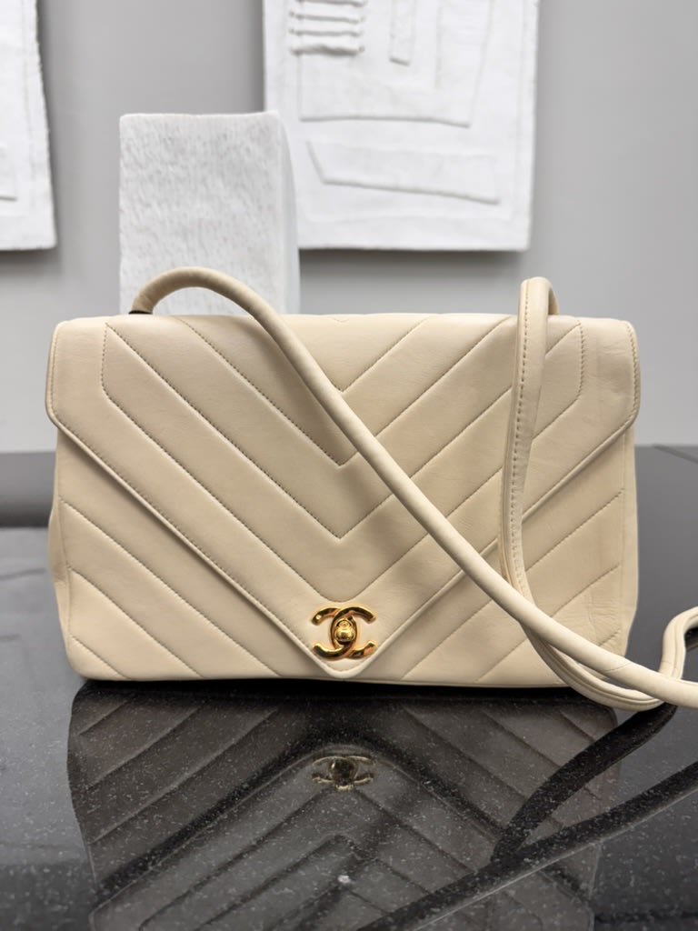 Chanel Beige Chevron Quilted Leather V-Flap Envelope Shoulder Bag