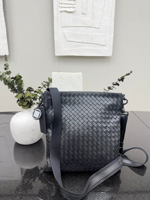 Bottega Veneta Black Intrecciato Leather Messenger Bag