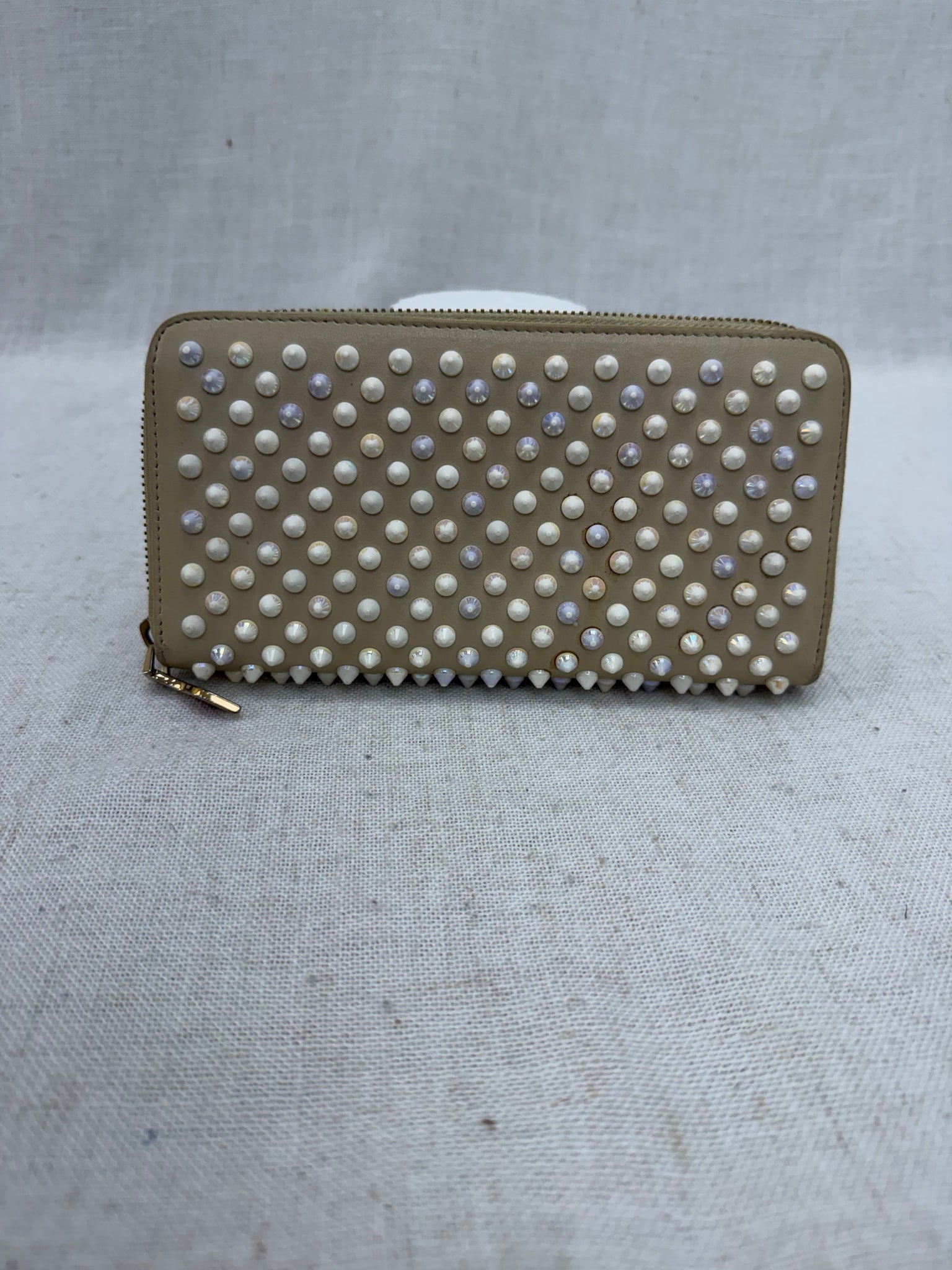 Christian Louboutin Cream Leather Spike Zippy Wallet