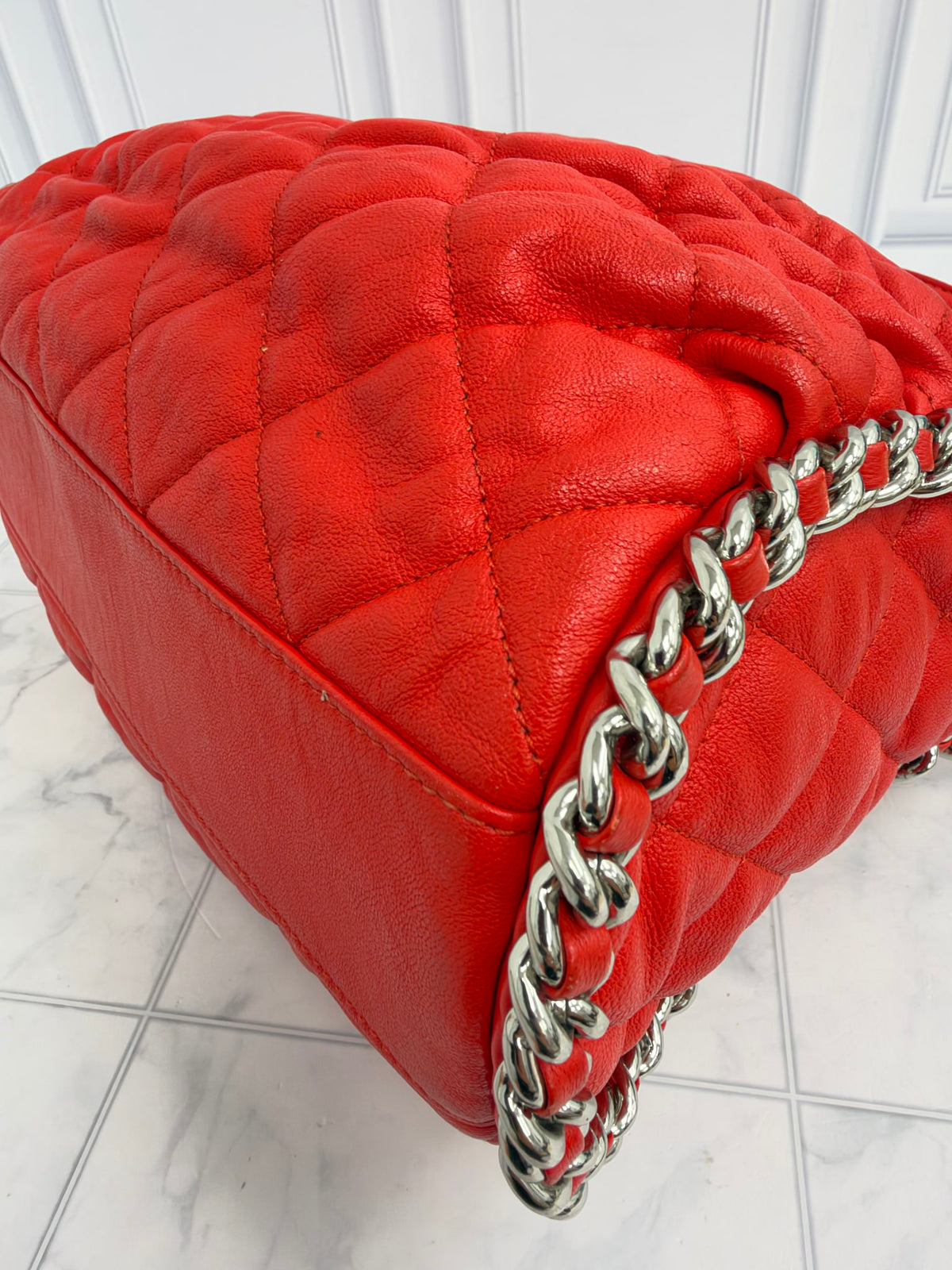 Chanel Red Quilted Washed Lambskin Medium Chain Around Hobo Bag