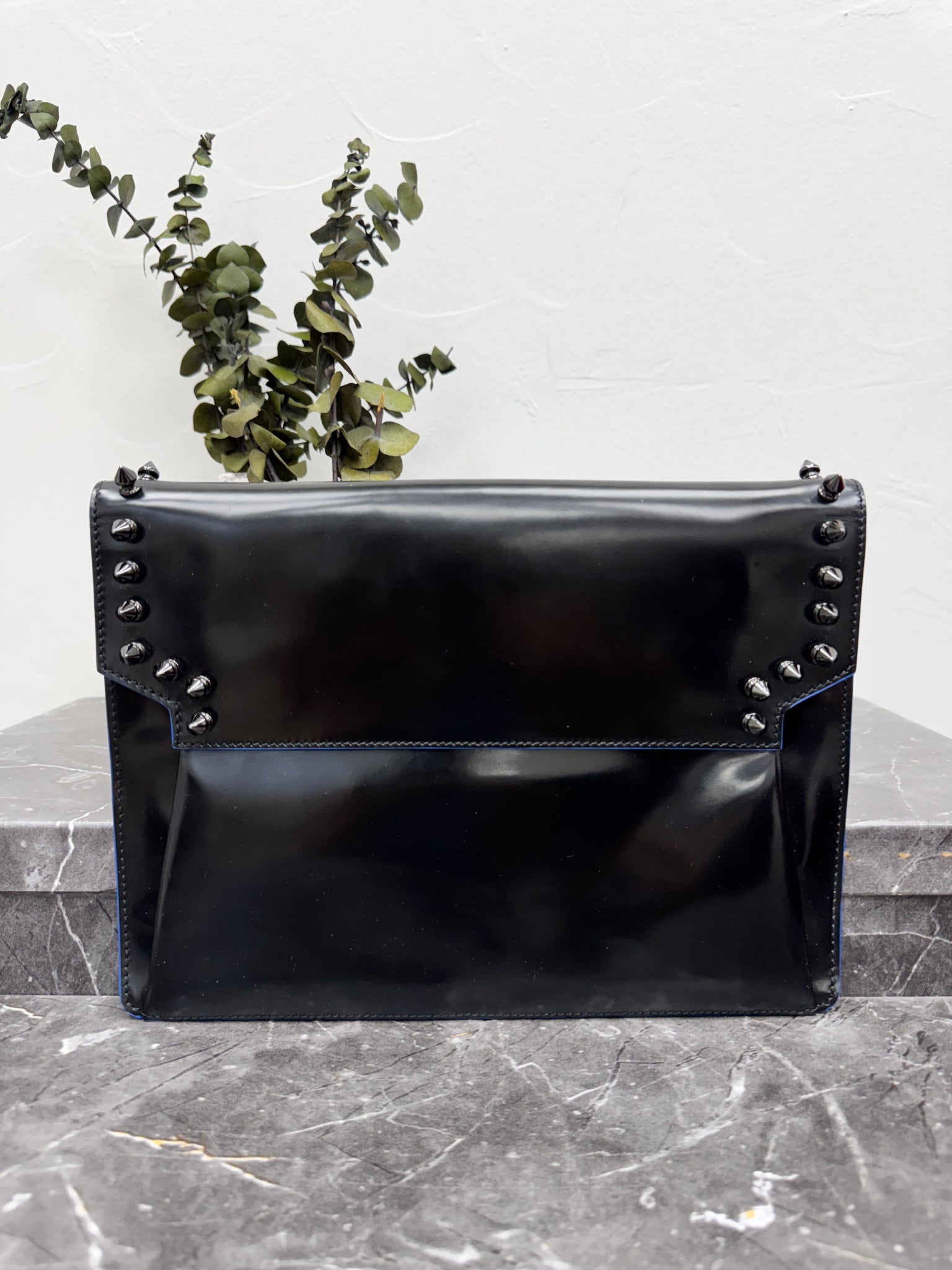 MCM Black Patent Leather Studded Large Envelope Clutch