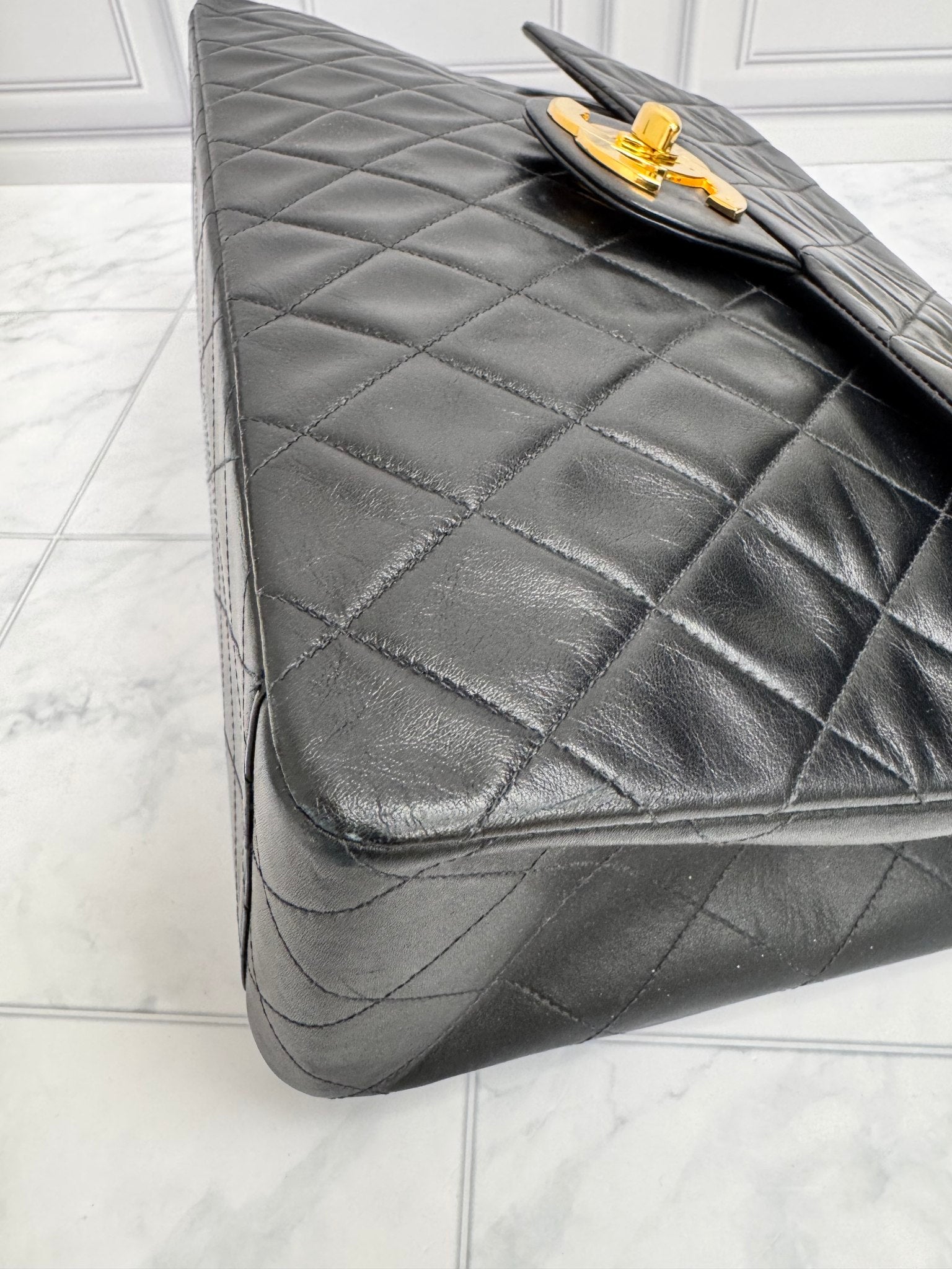 Chanel Vintage Black Quilted Calfskin Leather 24k Jumbo Classic Flap Bag