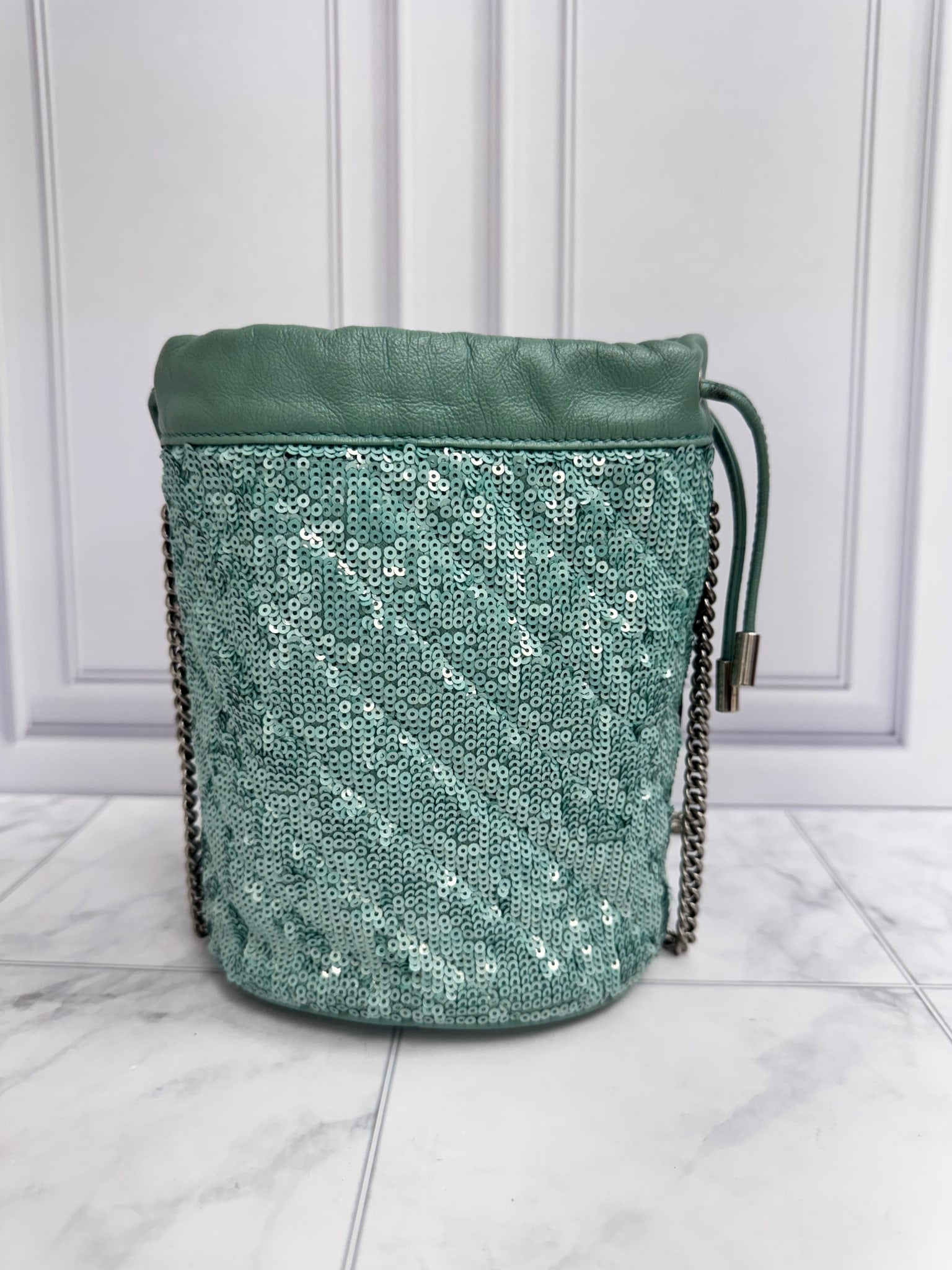 Gucci Teal Sequins GG Marmont Mini Bucket Bag