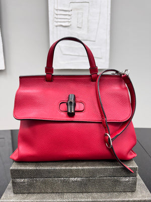 Gucci Red Grained Leather Daily Bamboo Medium 2Way Bag