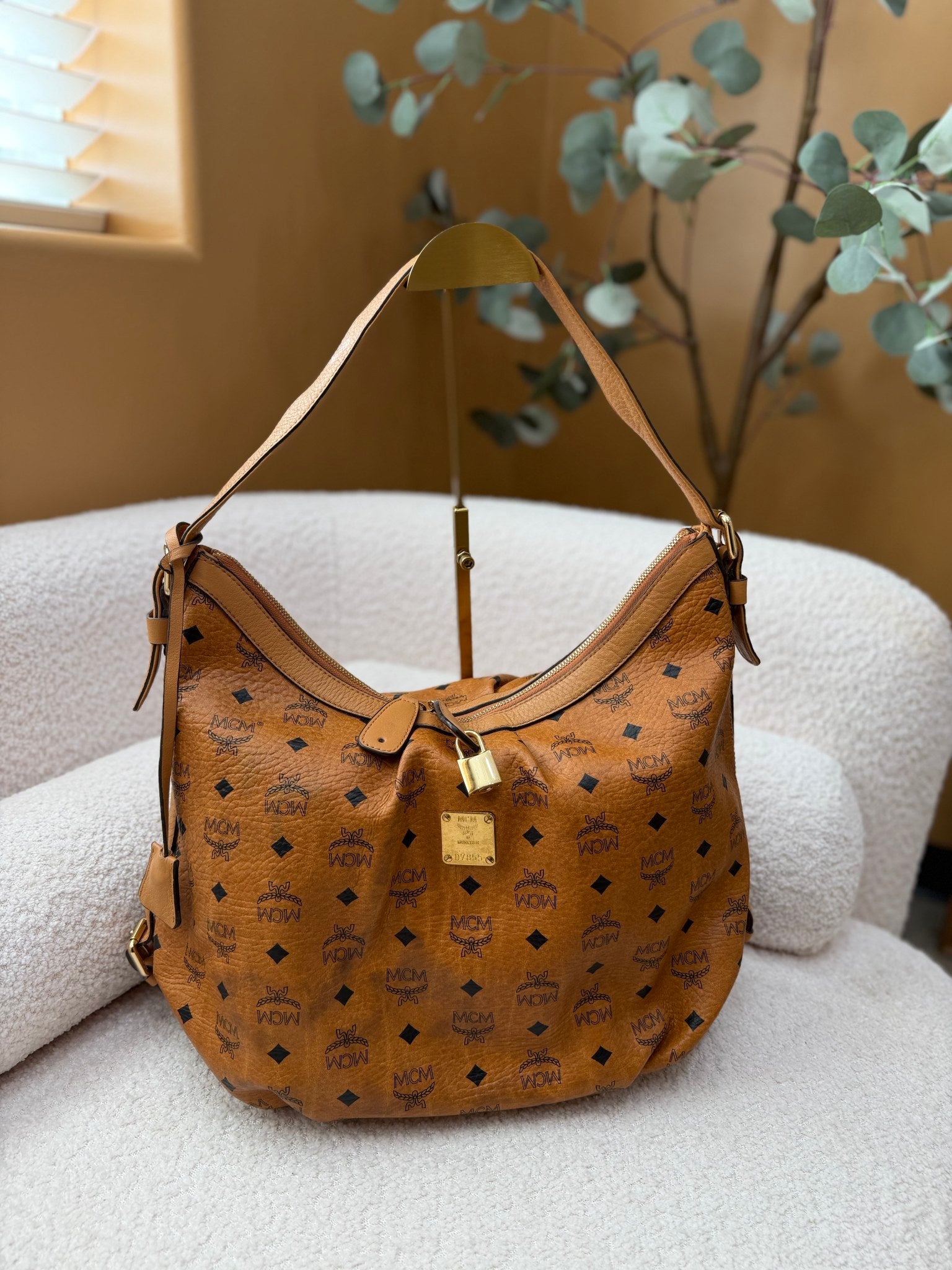 MCM Cognac Coated Canvas Large Hobo Bag